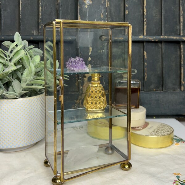 Vintage tabletop brass and glass display case, curio cabinet