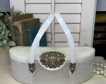 Vintage Wilardy white pearlized lucite handbag with interior mirror