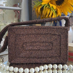 Vintage 1940s copper beaded box handbag, DuBonnette gold frame purse