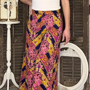 Vintage wide leg psychedelic print knit pants, 70s paisley palazzo pants
