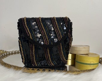 Vintage 1980s black sequined and beaded handbag, evening bag, special occasion clutch