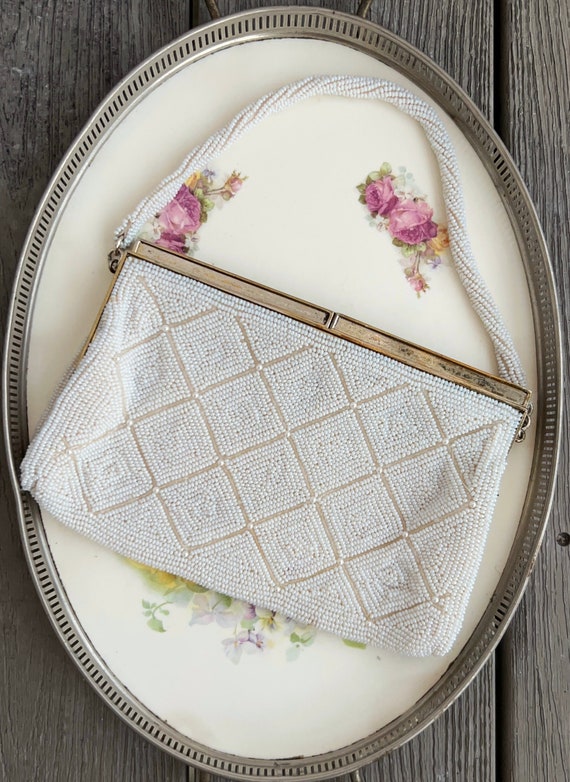 Vintage 1950s white beaded handbag, Japan