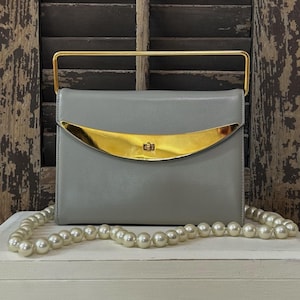 Vintage gray leather brass top handle purse, 60s mod handbag, vintage 60s clutch