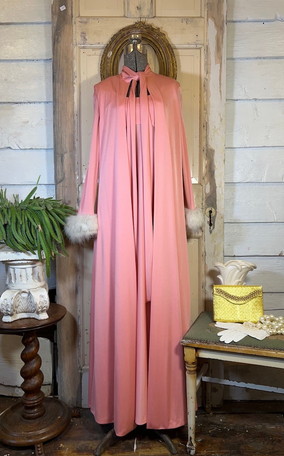 Vintage maxi gown and long vest set, 60s pink prom