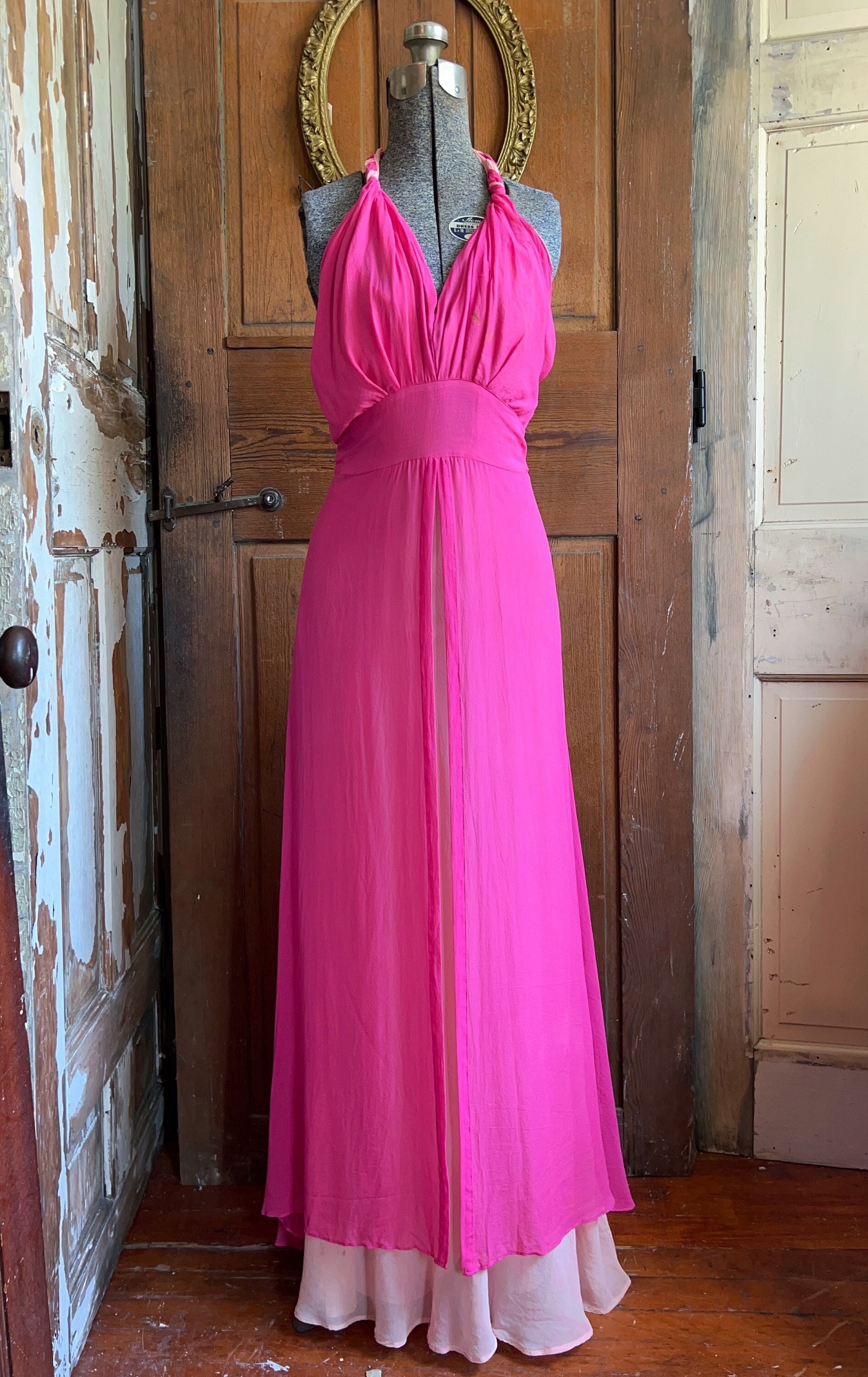 Vintage 1930s Chiffon Gown, Halter Neck Pink Dress, 1940s