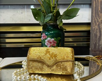 Vintage gold beaded clutch, 1960s cylinder handbag