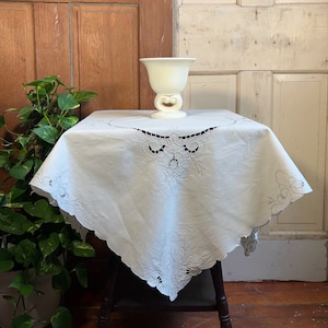 Vintage embroidered square linen tablecloth