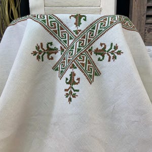 Vintage linen embroidered tablecloth, 1950s square table linen