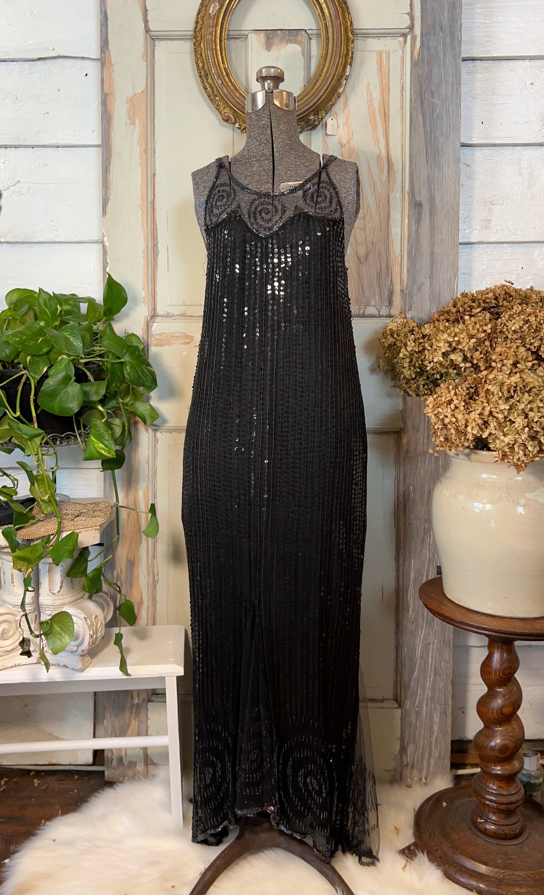Vintage Black Silk Beaded Flapper Style Gown, Made in India - Etsy