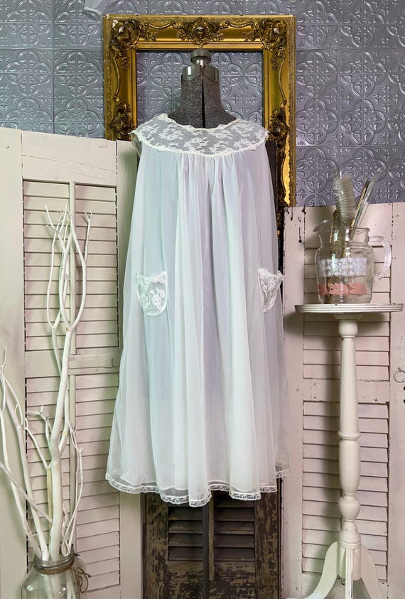Vintage sheer white double chiffon babydoll night… - image 1