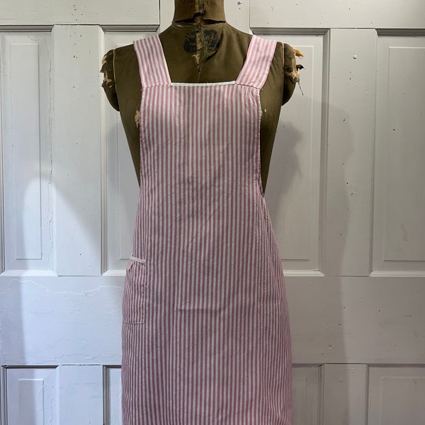 Vintage full bib apron, 1950s 1960s, Handmade hostess apron, Pink and White Striped Seersucker