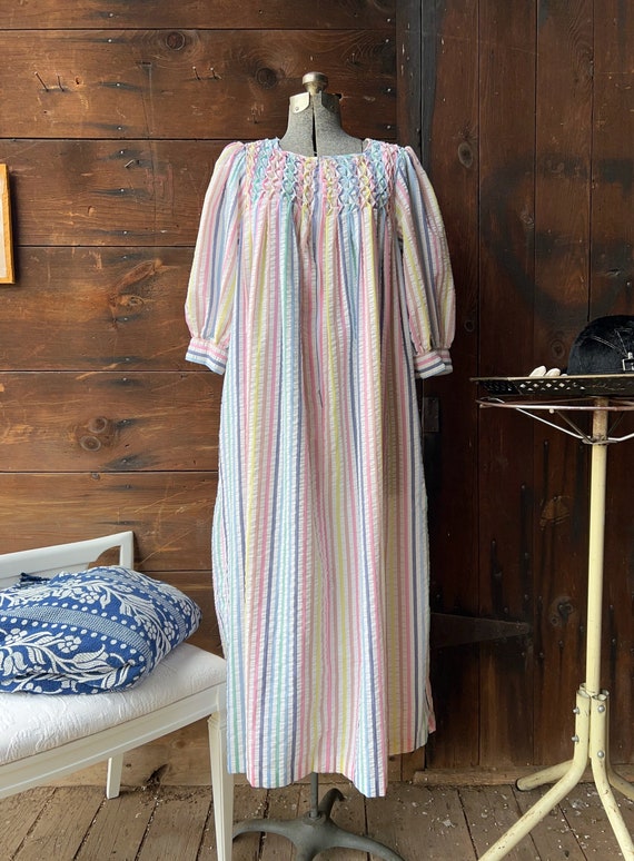 Vintage striped seersucker smocked nightgown, caftan, house coat