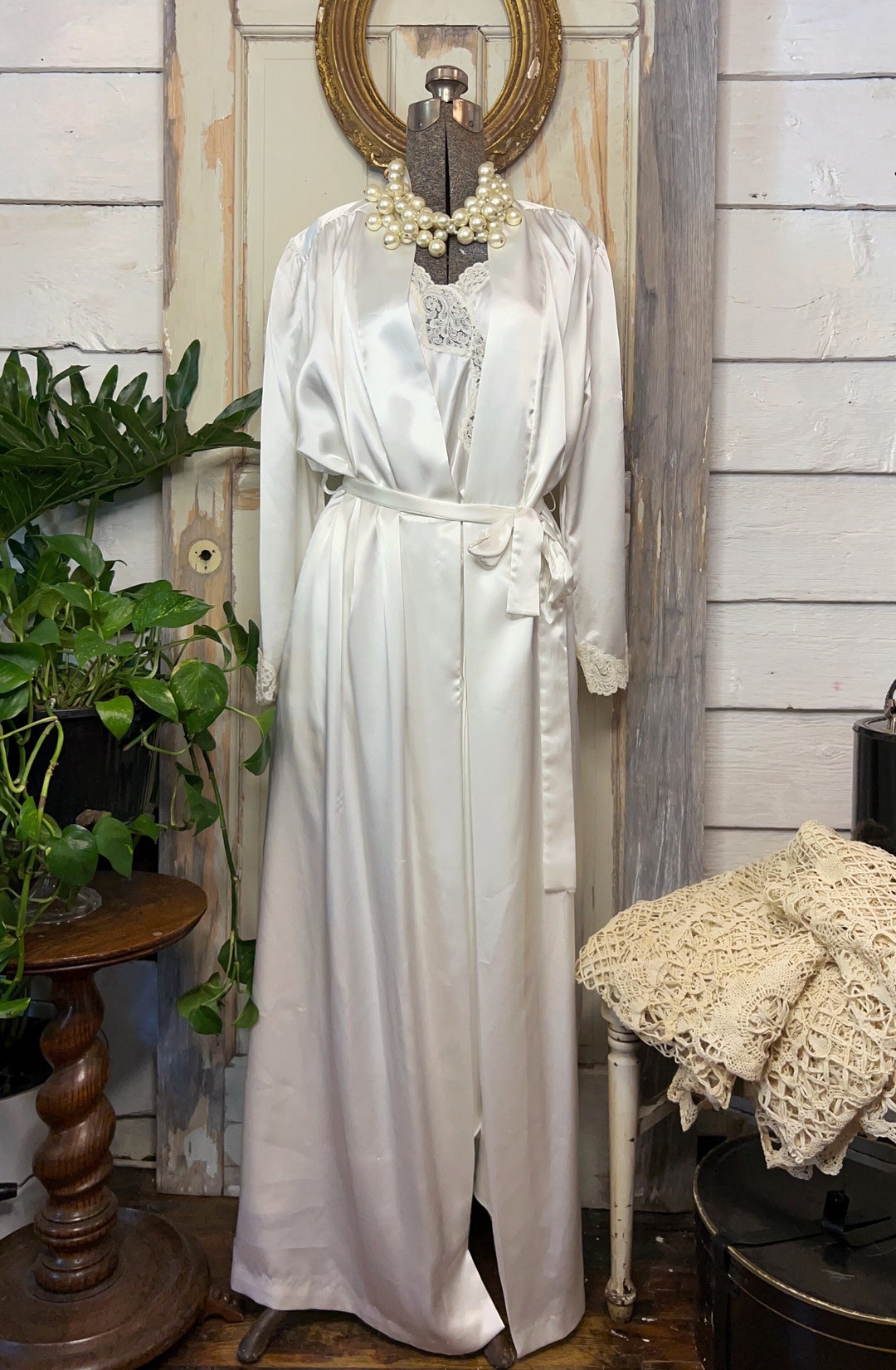 Vintage Peignoir Set, 1980s Ivory Satin and Lace Nightgown and Robe ...