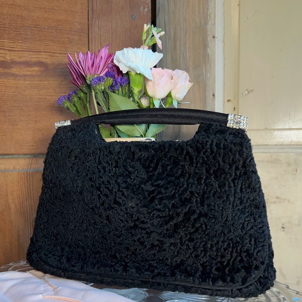 Vintage 1940s black Karakul lambskin  and rhinestone handbag, evening bag, special occasion clutch, bienen davis