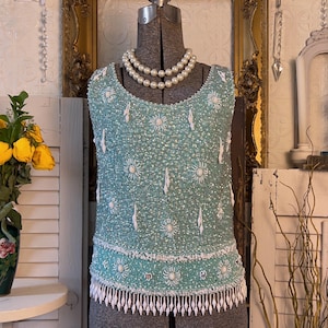 Vintage 1950s aqua beaded and sequined wool tank blouse, vintage sequined blouse, vintage sleeveless sweater