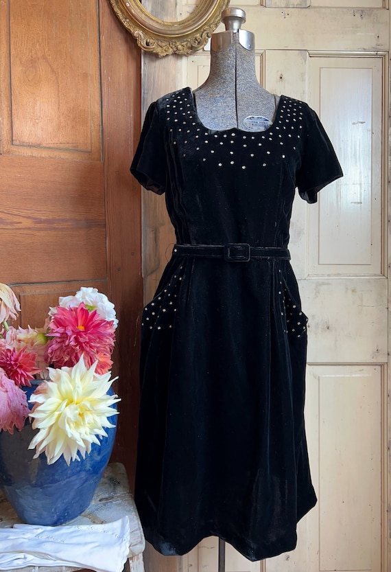 Vintage 1950s black velvet and rhinestone dress, G
