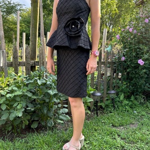 Vintage 1980s black taffeta strapless, peplum little black cocktail dress