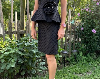 Vintage 1980s black taffeta strapless, peplum little black cocktail dress