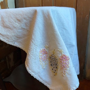 Vintage embroidered tablecloth, 1950s table linen, lilacs