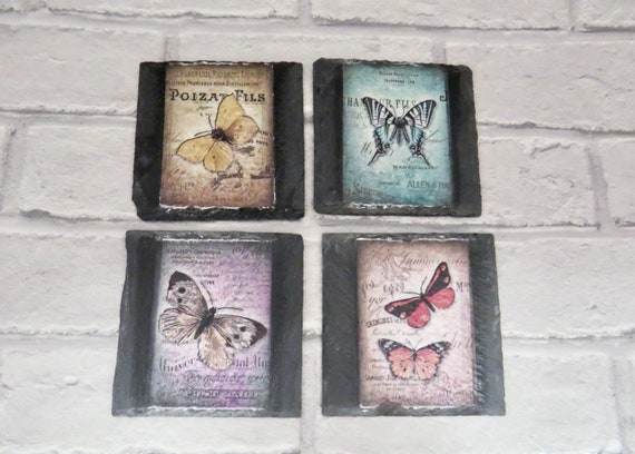 butterfly coasters, individual moth coaster, insect lovers, housewarming gifts, slate tableware, vintage dining, shabby chic, retro rustic