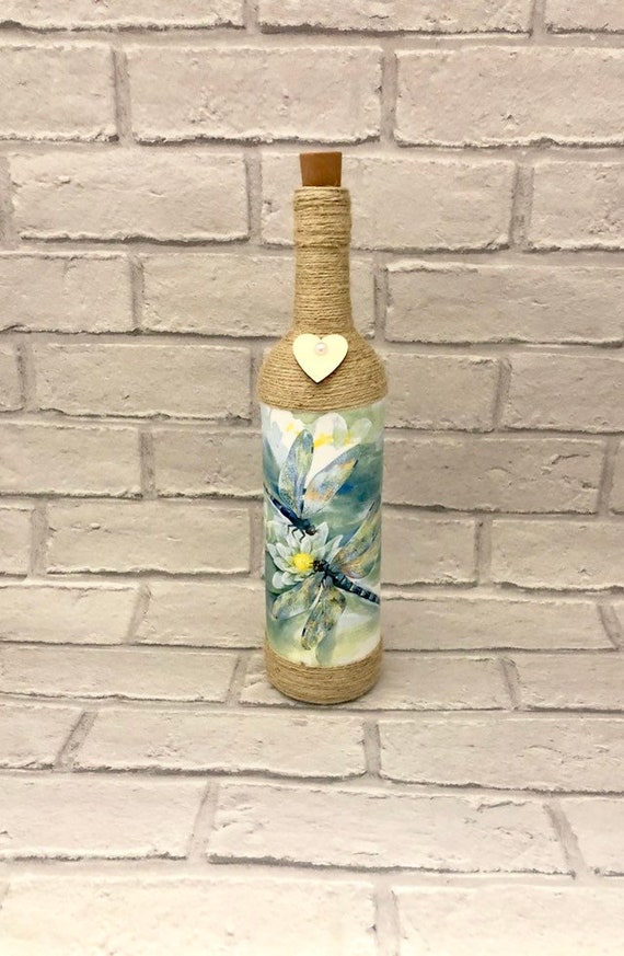 dragonfly lover, shabby chic lantern, decoupage bottle, british nature, gifts for her, light up wine bottles, wedding gift, living room deco