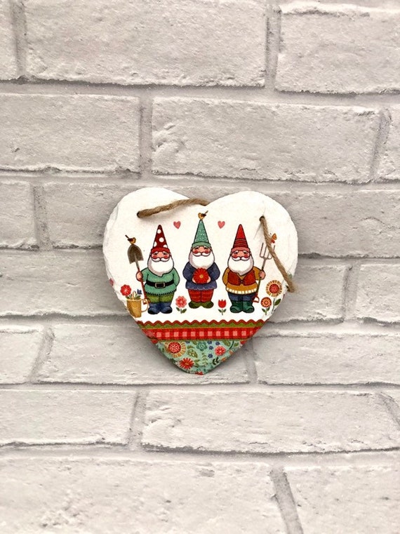 Garden gnomes, outdoor plaques, slate hearts, gnome gifts, gift for gardeners, patio decor, wall hangings, bright and bold present, fathers