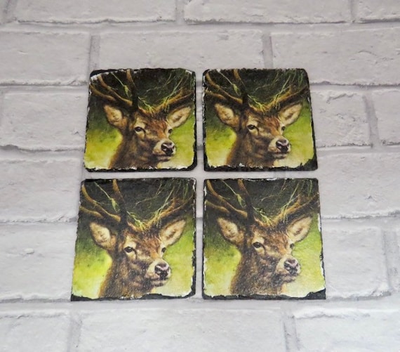 Stag head country rustic slate set of four coasters
