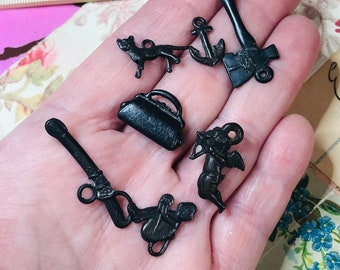 Miniature Cast Iron Charms, Set of Seven Tiny Charms, Cracker Jacks Prizes, by VintageStudioSupply