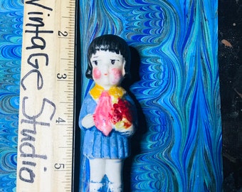 Vintage Doll, Penny Bisque Doll, Made in Japan, Little Girl Holding Flowers, Collectible Toy by VintageStudioSupply