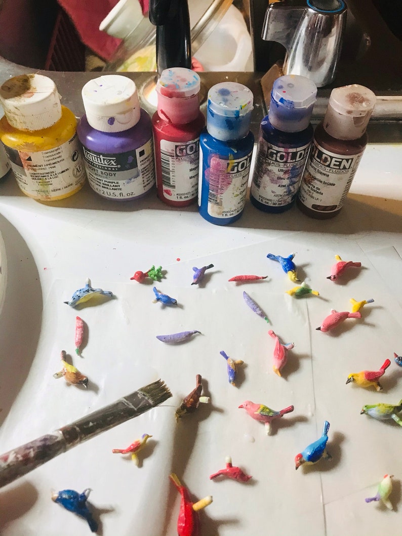 Teeny Tiny Birds, Set of Five, Miniature Song Birds, Hand Painted, Fairy Garden, Dollhouse, Diorama, Custom Colors, by VintageStudioSupply image 4