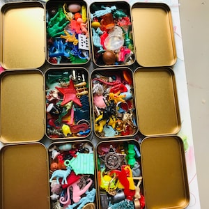 Vintage Miniature Plastic Toy Collection: Cracker Jack Charms in Tin