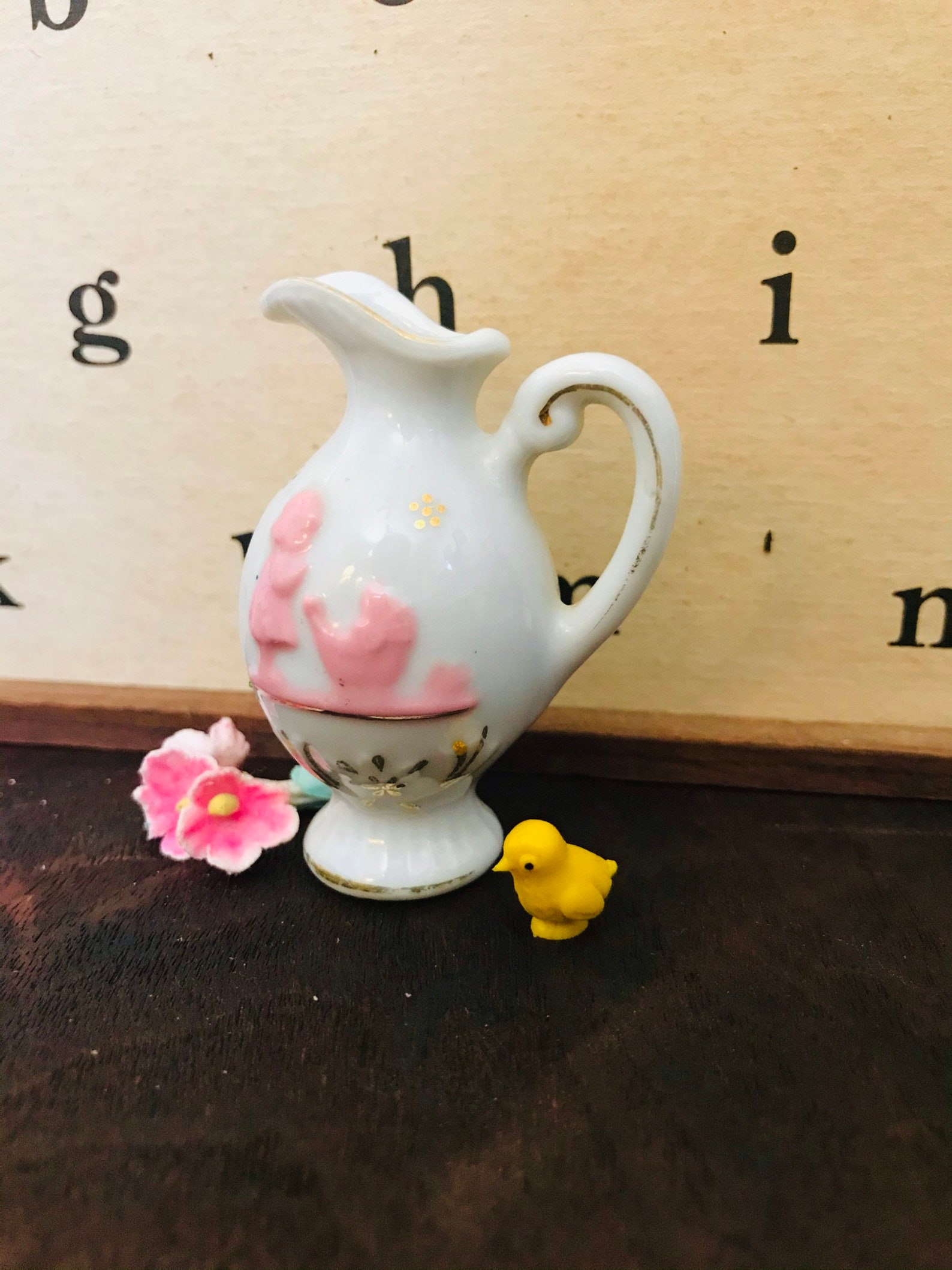 Vintage Miniature Vase Pitcher Pink Gold Little Girl Etsy