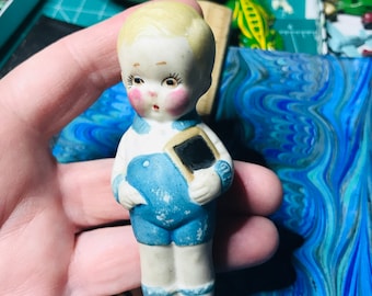 Vintage Doll, Penny Bisque Doll, Made in Japan, Little Boy Holding a Chalk board, Collectible Toy by VintageStudioSupply