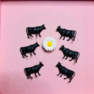 May include: Six small black plastic cow figurines arranged in a circular pattern around a single white daisy flower with a yellow center. The cow figures are depicted in a standing position, each showing four legs, a tail, and a defined head shape.