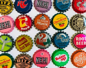 Vintage, Bottle Caps, Soda Pop, Old New Stock, Graphic, Repurpose, Craft, Jewelry, Supplies, Altered Art, Set of 25, by VintageStudioSupply