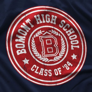 May include: Red and white circular patch with the text "Bremont High School" and "Class of '84" in white. A white letter "B" with a laurel wreath is in the centre.