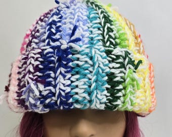 Rainbow Multicolor Crochet Beanie: Funky Scrap Yarn Hat