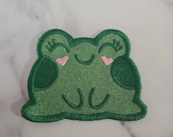 Patch met kikker: geborduurde opstrijkappliqué (3 x 2,25 in)