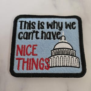 May include: Embroidered patch with a light blue background and black border. The patch features the text "This is why we can't have NICE THINGS" in black and red, along with a black and white illustration of a building.