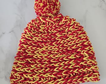 Yellow and Red Crochet Beanie: Funky Acrylic Winter Hat  display picture 3