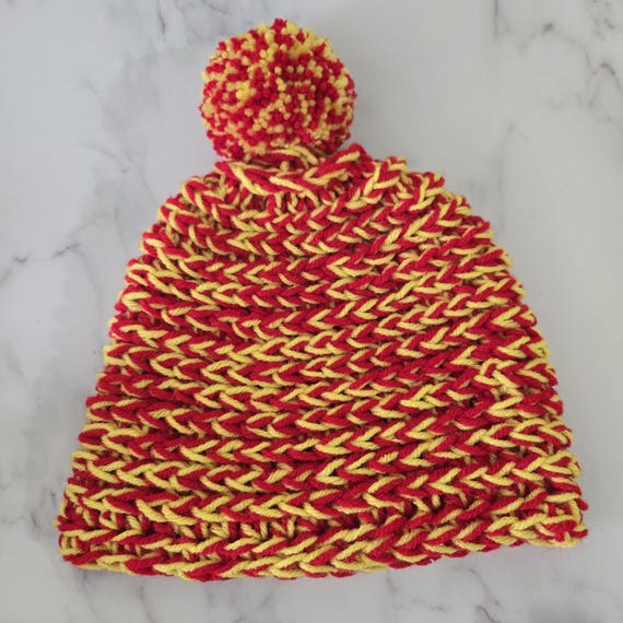 Handcrafted Yellow and Red Crochet Hat Handmade Crocheted Winter Hat: Red and Yellow Ear Flap Pom  main image 3