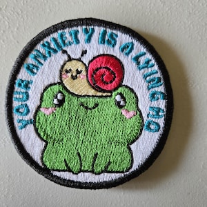 Könnte beinhalten: Ein runder Stickaufnäher mit einem grünen Frosch, auf dessen Kopf eine kleine beige Schnecke mit rotem Haus sitzt. Der weiße Hintergrund enthält den türkisfarbenen Sticktext "YOUR ANXIETY IS A LYING HO" in einem Bogen, umrandet von einem schwarzen Rand.