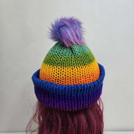 Rainbow Knit Beanie: Funky Multicolor Acrylic Hat - Etsy Israel display picture 3