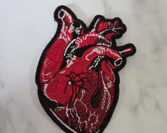 Anatomical Heart Iron On Patch: Embroidered Tattoo Style