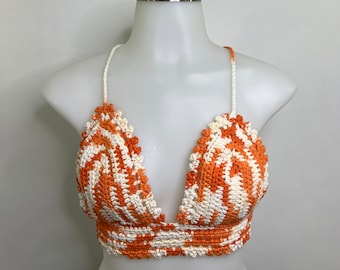 Handvirkad virkad bralette-topp: Boho Festival-bomulls-bh - Liten