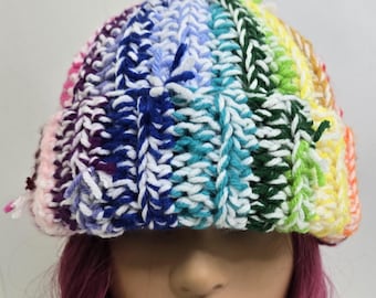 Rainbow Multicolor Crochet Beanie: Funky Scrap Yarn Hat