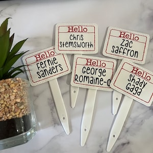 May include: Five white garden markers with red text that says "Hello" followed by a name. The names are Chris Stemsworth, Fernie Sanders, Zac Saffron, George Romaine-o, and Shady Gaga.