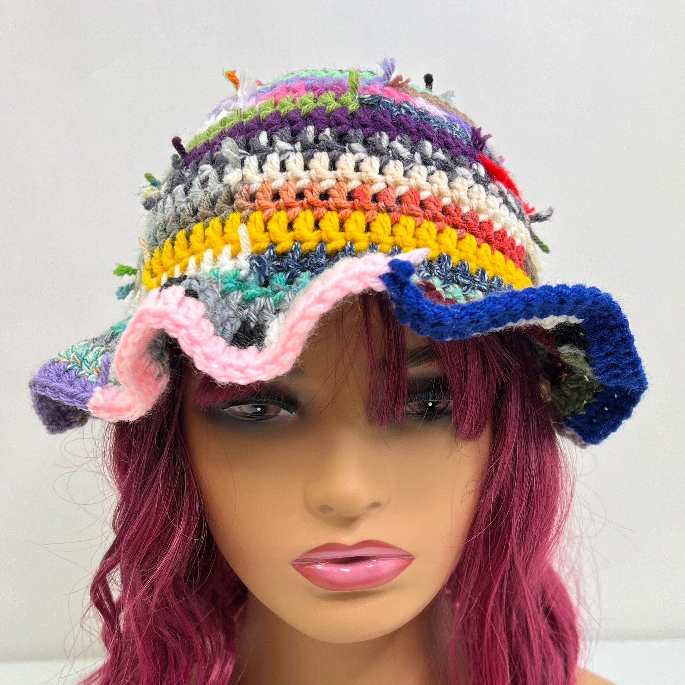 Multicolor Crochet Bucket Hat: Funky Scrap Yarn Beanie - Etsy display picture 2