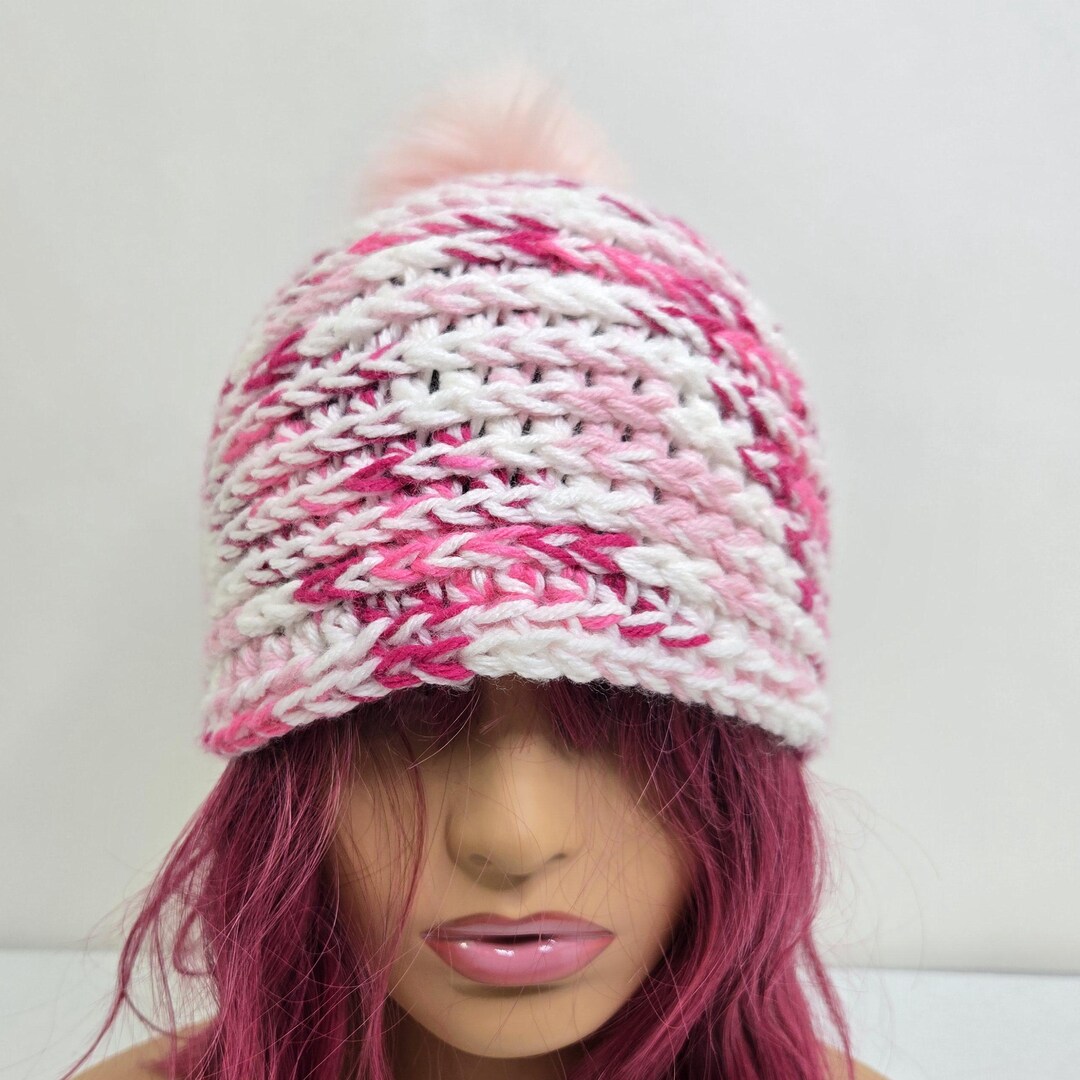 Pink Striped Crochet Beanie: Funky Acrylic Winter Hat - Etsy display picture 1