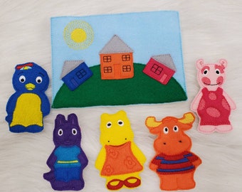Embroidered Felt Finger Puppets: Backyard Friends with House Bag